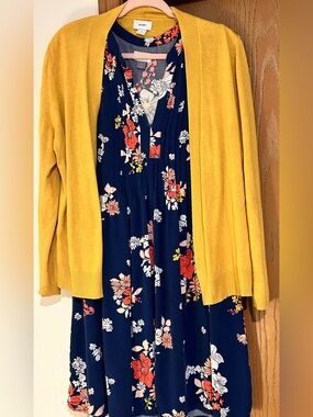 Old Navy Navy Floral Dress with Mustard Yellow Cardigan